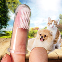 Dog Toothpaste and Toothbrush Set [REMOVES FOOD DEBRIS] Double Sided with Long Curved Handle [SUPER EASY CLEANING] - Best Soft Silicone Pet Toothbrush for Cats And Dogs [EXPANDABLE FINGER ENTRY] - Col